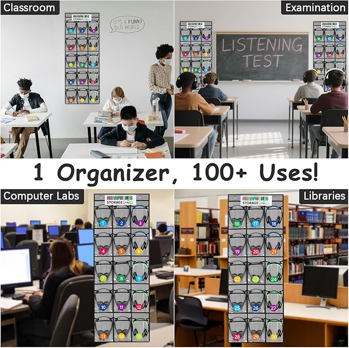 2 Pack Classroom Headphone Storage Organizer with 30 Pockets, PVC Clear Classroom Pocket Chart for Headphone Cell Phone Over-the-Door Hanging Headphone Holder Bag with 62 Labels(Grey)