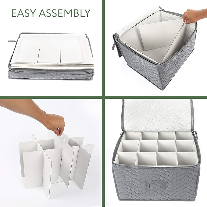 LotFancy China Storage Containers - Quilted 6-Piece Set Storage Box- Stores Chinaware, Stemware, Dinnerware, Dish Storage Service for 12, 48 Pcs Felt Protectors, Cardboard Dividers Included