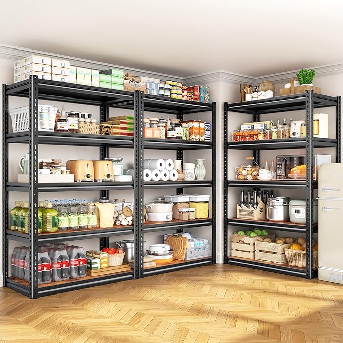 REIBII 5 Tier Storage Shelves, 2500LBS Adjustable Garage Shelving Unit, Metal Shelves for Pantry, Garage, Kitchen, Warehouse, Black, 65.74" H x 33.85" W x 15.35" D