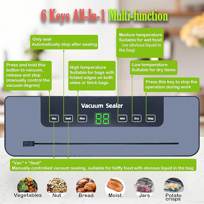Vacuum Sealer for Food, Compact Food Saver Machine with 65kPa Suction, One-Touch Operation, Built-in Cutter, Includes 20 Vacuum Bags, Easy-to-Clean, Ideal for Meat, Vegetables, Sous Vide