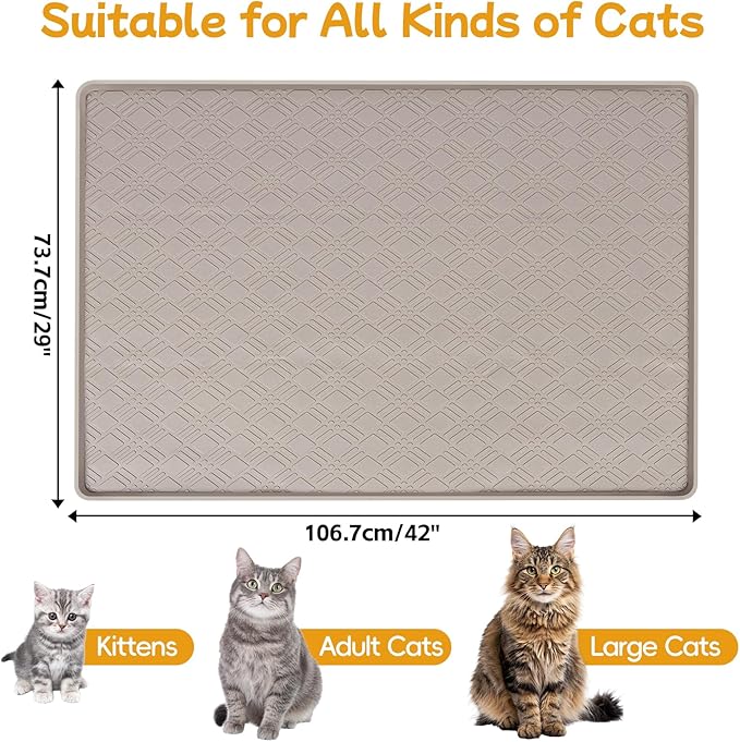 Lanstics Cat Food Mat, 42" x 29" Large Silicone Mat Cat Feeding Mat with Raised Edge Non-Slip Pet Feeding Mat for Food and Water Bowl, Easy to Clean, Floor Protection (Beige)