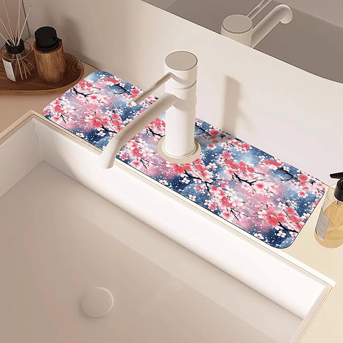 Japanese Pink Cherry Blossoms Dish Drying Mat for Kitchen Sink Splash Guard Behind Faucet Sink Mat Absorbent Fast Drying Faucet Draining Mat for Bathroom Kitchen 5.5"×15"