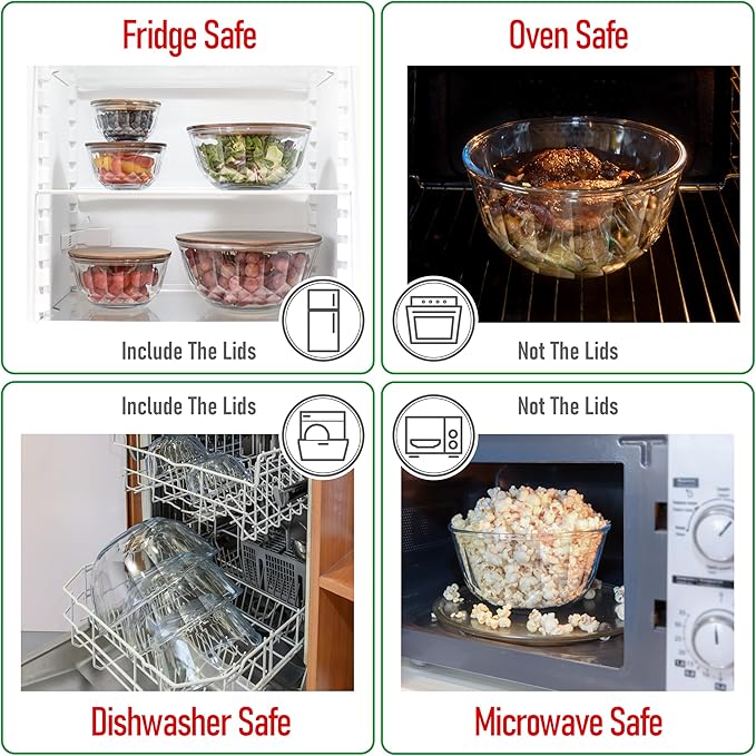 dokaworld Large Stackable Set of 5 Nesting Glass Bowls with Acacia Lids for Foodprep, Storage, Baking, Sourdough Mixing & Cooking. Microwave & Oven Safe Heat Resistant Inert Borosilicate Glass