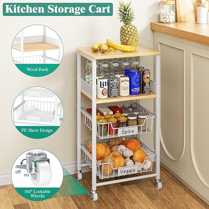 Giwil Vegetable Fruit Basket for Kitchen Pantry Organizers Storage, 4-Tier Utility Rolling Cart on Wheels with Wood Rack and Drawer Wire Baskets for Onions Potatoes Snacks, White