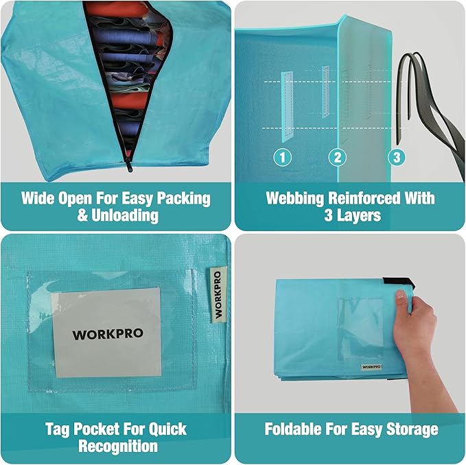 WORKPRO 6 Pack Extra Large Moving Bags with Zippers & Carrying Handles Backpack Straps, Heavy-Duty Storage Tote for Space Saving Moving Storage (Blue)