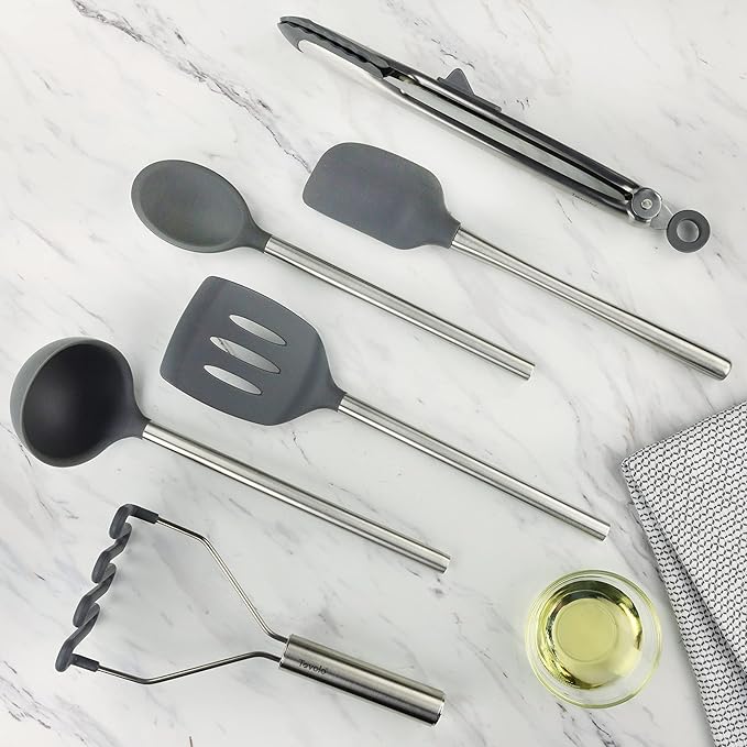 Tovolo Silicone Cooking Utensil Set of 6 Charcoal Gray Ladle Slotted Turner Tongs Flex Core Spatula Scraper Mixing Spoon and Potato Masher, Dishwasher Safe Non Toxic BPA Free Silicone Kitchen Utensils