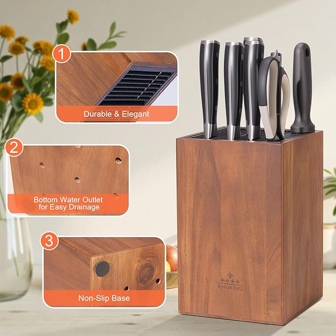 Acacia Wood Universal Knife Block with Plastic Slot Top, Kitchen Knife Holder for Knives, Scissors & Sharpening Rod, Easy-Clean Countertop Storage Organizer