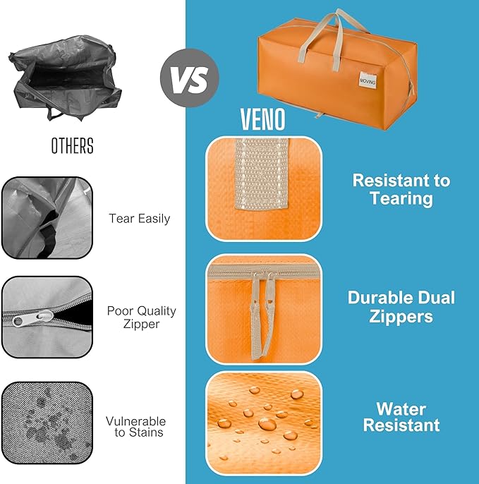 VENO 4 Pack Heavy Duty Moving Bags with Backpack Straps, Zippers & Handles, Extra Large Packing Bags for College Dorm Essentials, Moving Supplies Alternative to Cardboard Moving Boxes