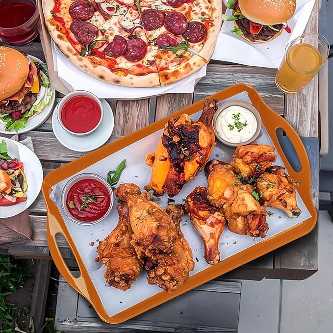 Extra Large Serving Tray with Handles, 19''x11.6'' Rustic Orange Melamine Platters, Rectangular Trays for Serving Food, Turkey, Cookie, Cupcakes, Desserts, Dishwasher Safe, BPA-Free, Set of 2
