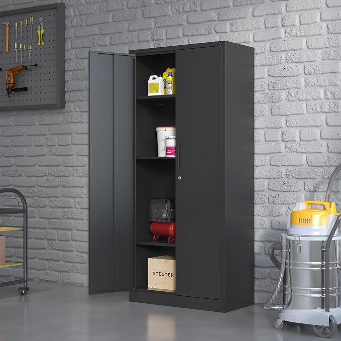 BIZOEIRON Metal Storage Cabinet with Adjustable Shelves, Garage Tool Cabinet with 2 Lockable Doors for Office, Home, Garage, Require Assembly, Black