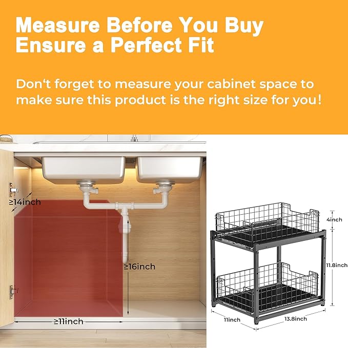 SILUB Under Sink Organizer, 2-Tier Pull Out Cabinet Organizer, Adjustable Height Bathroom Organizer and Storage, Spice Rack for Kitchen, Sliding Drawers Shelves 13.8×11×15.8 Inch (1 Pack)