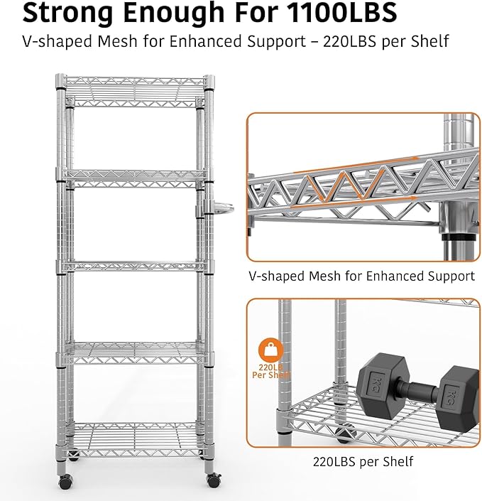 5-Tier Metal Storage Shelving Unit with Wheels, Adjustable Wire Shelf Rack with Side Handle, Stable Metal Shelves Organizer for Pantry, Kitchen and Closet,11.8" W x 23.6" D x 61" H