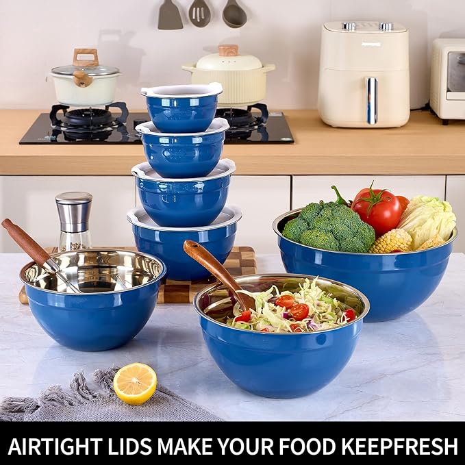 LKTDYMEG Blue Mixing Bowls with Lids Set of 7, Stainless Steel Nesting Bowl with Khaki Lid for Non-slip Mixing Prepping Storing Serving, 7 Sizes-7/3.6/2.7/2.1/1.5/1/0.8 QT
