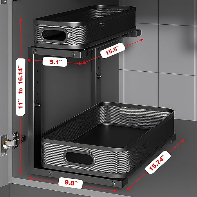 ValorTiger 2 Pack Under Sink Organizer, Dual-Layer Pull Out Mesh Cabinet Rack with 5-Level Height Adjustment, Rust-Resistant Sliding Storage for Bathroom & Kitchen, Multi-Purpose 2-Tier Shelf(Black)