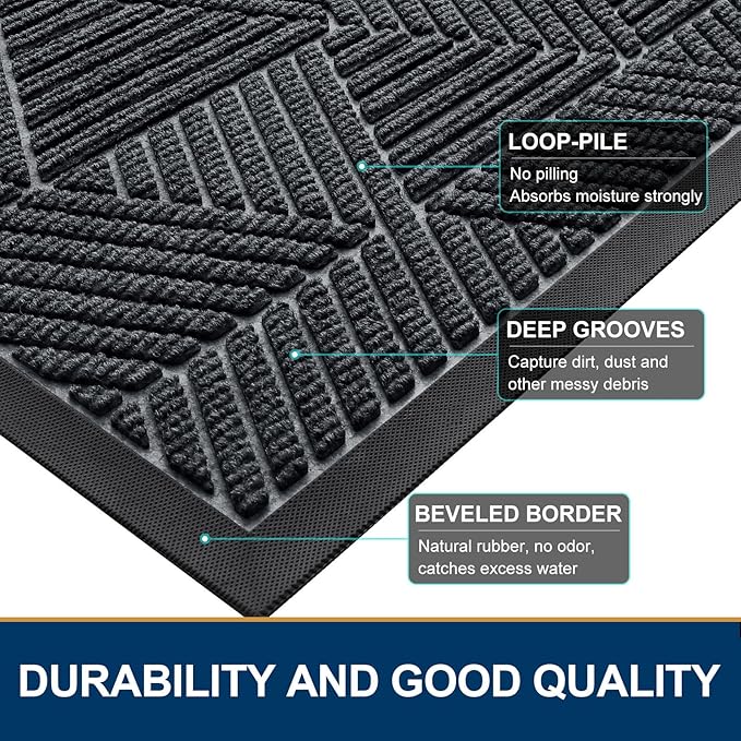 Smiry Half Circle Front Door Mat Outside Entrance, Heavy Duty Sturdy Natural Rubber Doormat, Trap Dirt and Moisture, Low Profile Mats for Indoor Outdoor Entry, Irregular Triangle (35x23, Grey)