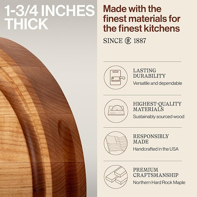 John Boos CB Series Round Wooden Maple Cutting Board 12”x12” – 1.75” Thick, 7-lb Reversible Butcher Block with Juice Groove, Edge-Grain & Finger Grips – Made in the USA