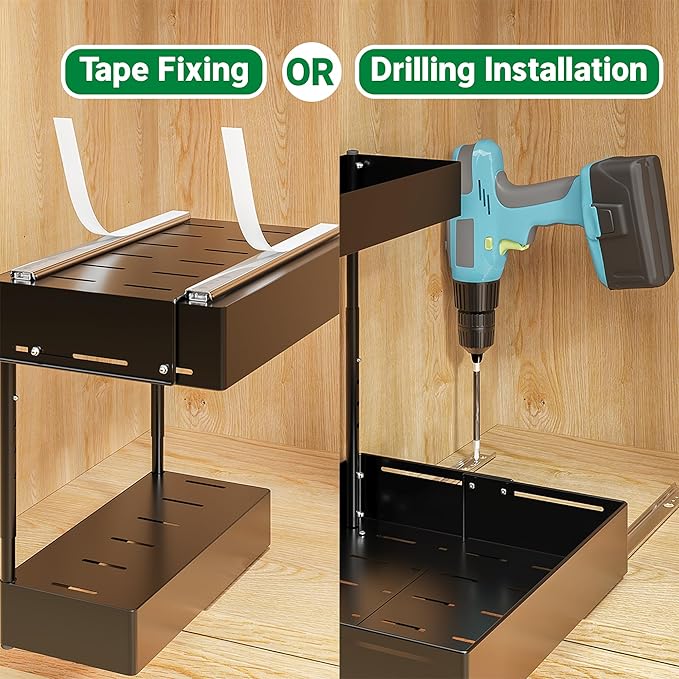 Pull Out Under Sink Organizer 2 Pack, 2 Tier Expandable Under Cabinet Storage with Height Adjustable Design for Kitchen Bathroom Laundry Room