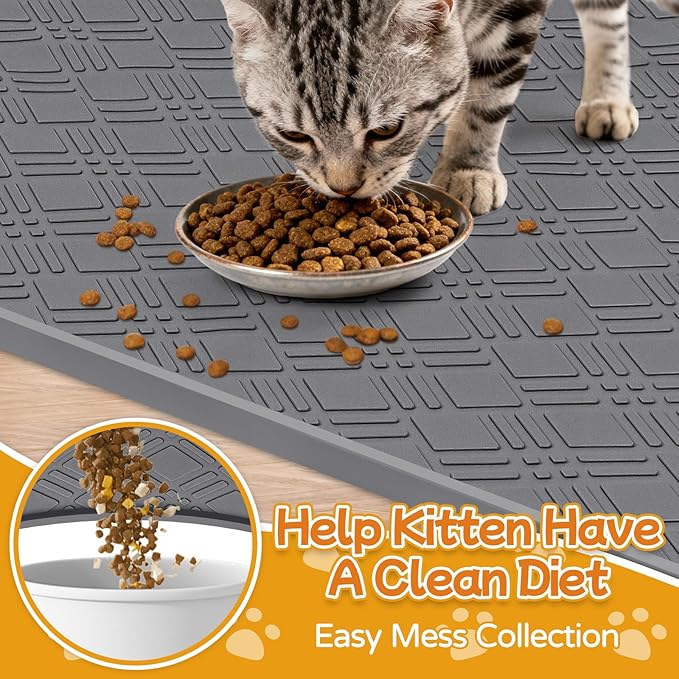 Lanstics Cat Food Mat, 42" x 29" Large Silicone Mat Cat Feeding Mat with Raised Edge Non-Slip Pet Feeding Mat for Food and Water Bowl, Easy to Clean, Floor Protection (Dark Gray)