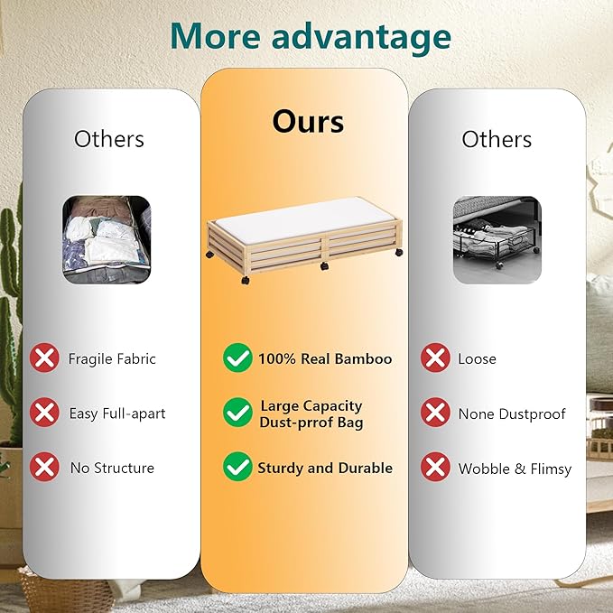Bamboo Under Bed Storage Containers- Underbed Organizer with Wheels with Large Capacity Dust Bag,Sturdy Wood Rolling Under Bed Shoe Storage Organizer 2 Packs (Nature, 2 Packs (33.07"×16.54"))
