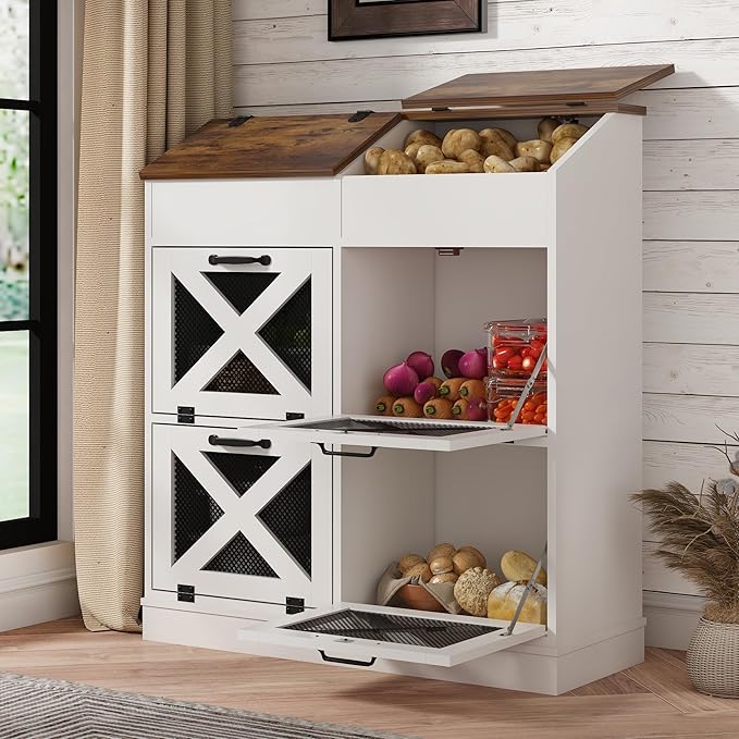 Large Wood Bread Box for Potato,Onion.Veggie Bin W/6 Large Storage Box.Root Vegetable Storage Box For Kitchen,Farmhouse Potato Storage Bin W/4 Mesh Doors,Bread Keeper for Toast,Bagel,Donut,Cookies