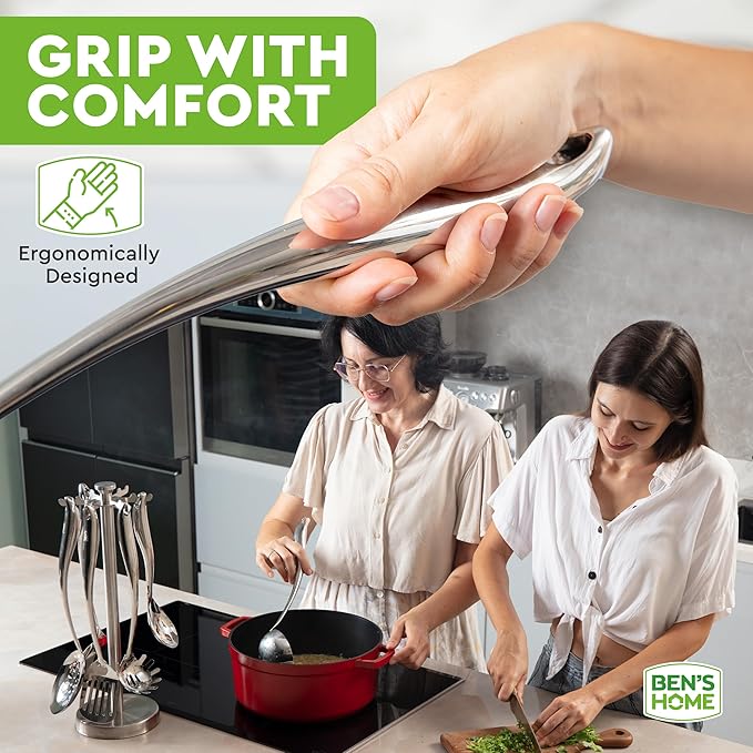 BEN'SHOME® Stainless Steel Utensil Tools Set with Holder Stand - Spatula, Spaghetti Server, Draining spoon, Serving spoon, Ladle, and Skimmer Spoon | Dishwasher Safe, Mirror Polished