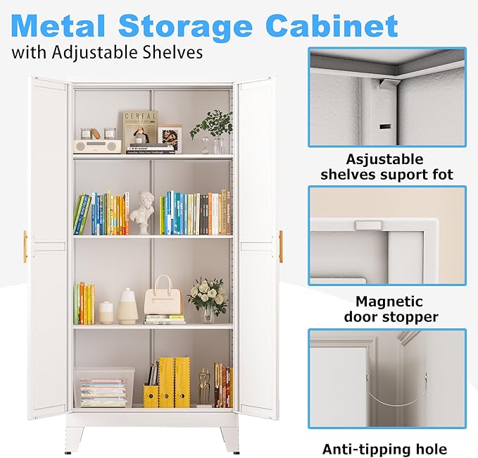 erosoei Metal Pantry Storage Cabinet, Kitchen Storage Cabinets with Adjustable Feet and Shelves, Metal Pantry Cabinet for Kitchen, Living Room, Laundry Room and Dinning Room (2door-White)