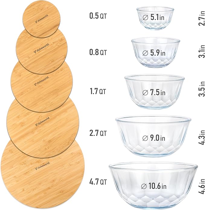 dokaworld Large Stackable Set of 5 Nesting Glass Bowls with Bamboo Lids for Foodprep, Storage, Baking, Sourdough Mixing & Cooking. Microwave & Oven Safe Heat Resistant Inert Borosilicate Glass