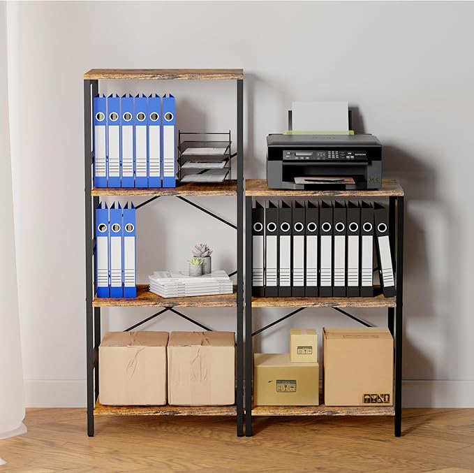 Whitmor 4 Tier Bookshelf - Small Book Shelf Industrial Bookcase, Metal Book Case Book Storage Organizer for CD/Movie/Book, Bookshelves for Bedroom Office Living Room Berry Brown