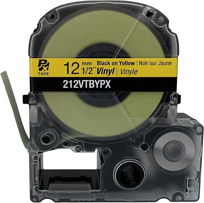 LABELWORKS 212VTBYPX Tape Cartridge - Black on Yellow Flexible and Durable Vinyl Industrial Label Maker Tape - 1/2" (12MM) Wide, 22.9 ft