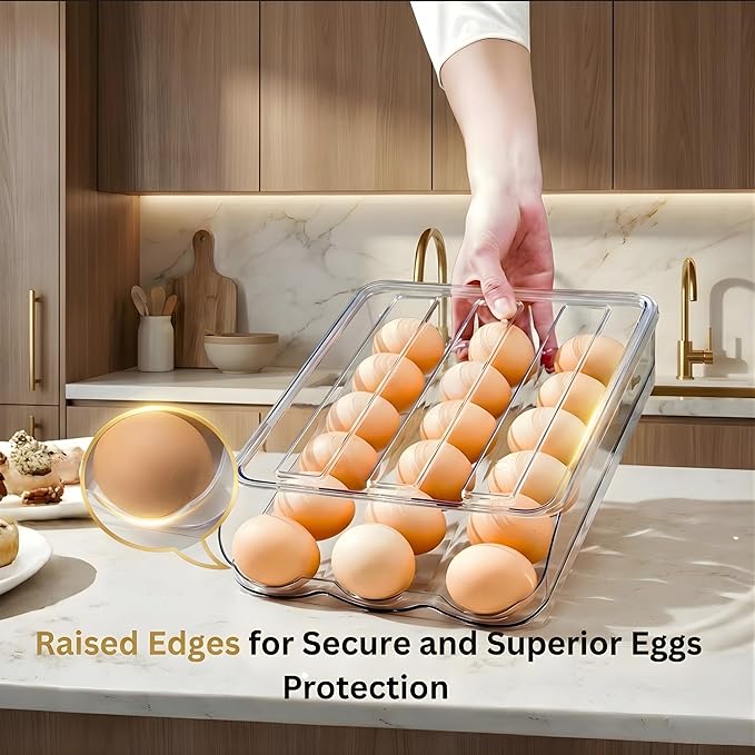 Egg Holder for Fridge, Automatic Rolling Egg Organizer, Clear Plastic Stackable Egg Container with Lid, Space-Saving Refrigerator Egg Dispenser Tray, 2-Tier Design