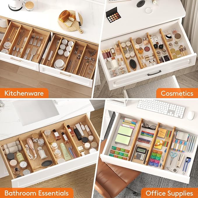Lifewit 4 Pack 4" High Bamboo Drawer Dividers, 17-21.5" Adjustable Drawer Organizers for Clothes, Wood Dresser Drawer Divider, Expandable Deep Drawer Separators for Dresser, Kitchen, Bedroom, Bathroom
