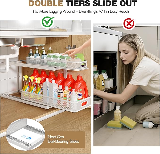 Biboraya 2-Pack 21.3 IN Depth Under Sink Organizer With Next-Gen Ball-Bearing Slides,Sophisticated Mesh 2-Tier Pull Out Shelf for Kitchen & Bathroom,Fits Small Items-Gun Gray