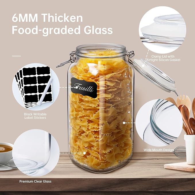 Square Glass Jars with Airtight Lid Set of 3, 50 floz Wide Mouth Mason Jars with Clamp Lids,Glass Sealed Jars with Air Tight Lids, Best for Kitchen & Pantry Food Storage