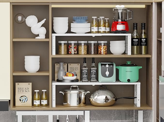 Jojocross Adjustable Expanable Stackable Spice Rack Shelf Pantry Storage Organizer for Kitchen Cabinet,Countertop,Bathroom and More.Space is no Longer Limited(1Pack/White/Medium)