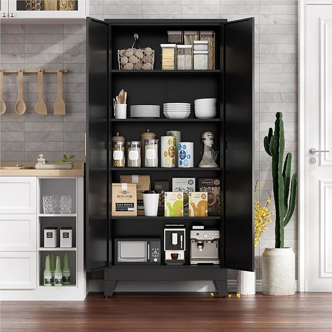 YNIQUESTLE Farmhouse Pantry Cabinet with Barn Doors, 71" H x 31.5" W, 5-Tier Metal Storage Cabinet with 4 Adjustable Shelves for Kitchen Garage Dining Room, Black