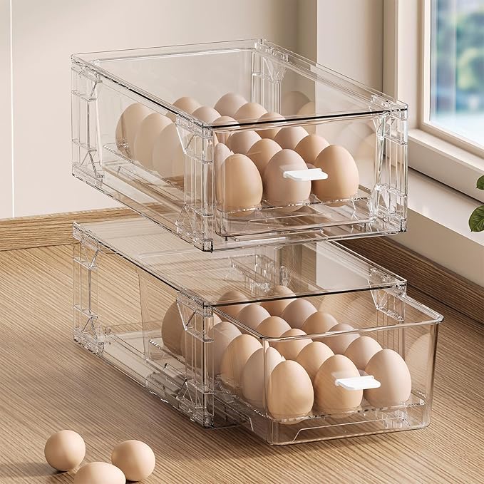 BPA-Free Egg Storage Drawer - Stackable Refrigerator Egg Tray, 2 Pack, 36 Egg Tray.