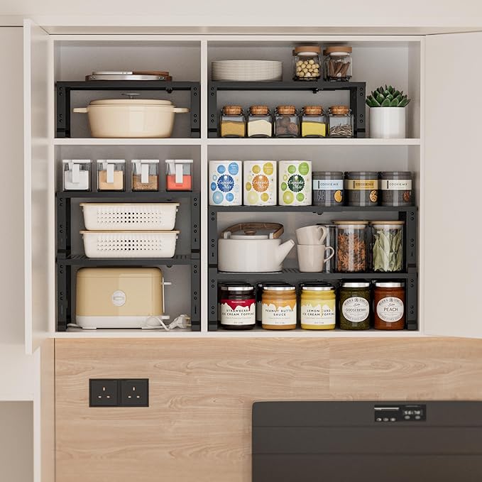 Zilvando Heavy-Duty Adjustable Metal Shelf Organizer - Expandable & Stackable Pantry Storage Rack for Kitchen, Bathroom, RV, Cabinets(1 Pack/Black, Large)