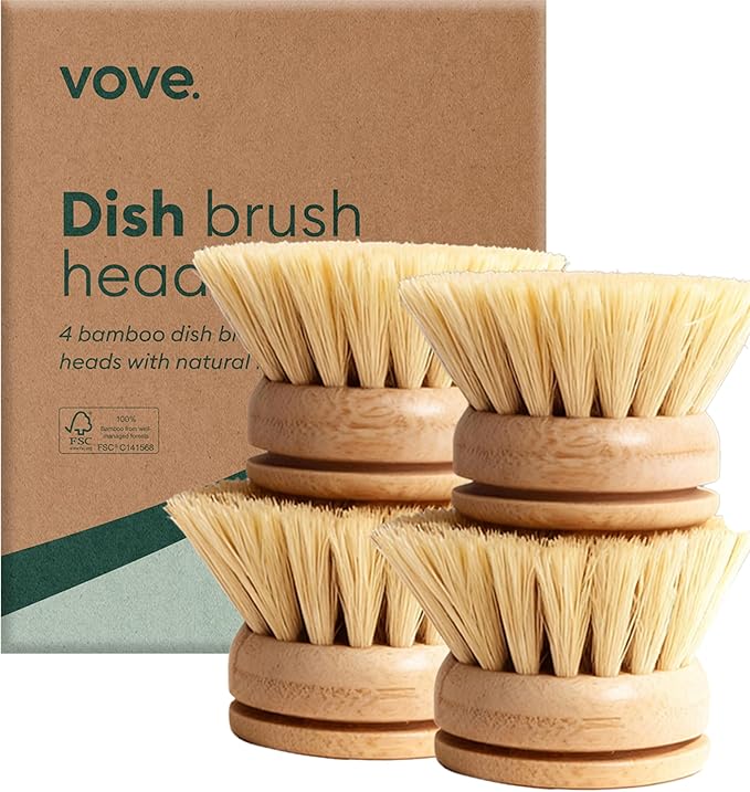 Vove Bamboo Dish Brush Replacement Heads, 4 Pack - FSC-Certified Bamboo - Natural Fiber Bristles - Compatible with Vove Dish Brush - Non-Toxic, Plastic-Free
