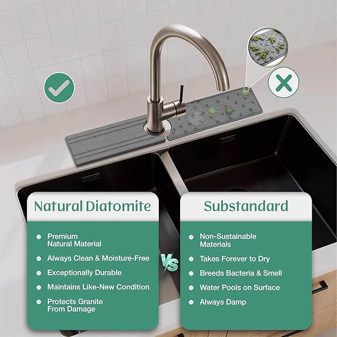 Stone Faucet Mat for Kitchen Sink Splash Guard 15.7" x 3.9" with 2.5" Center Hole | Light Grey Diatomite Drying Stone Mat | Non-Slip Stone Tray for Kitchen Counter with Premium Texture
