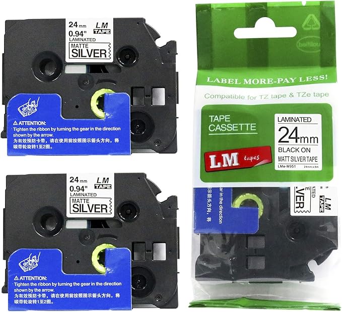 2/Pack LM Tapes - LMeM951 Premium 1" Black Print on Matte Silver Label Compatible with Brother TZe-M951 P-Touch and Includes Tape Color/Size Guide. Replaces TZeM951 24mm 0.94 Laminated