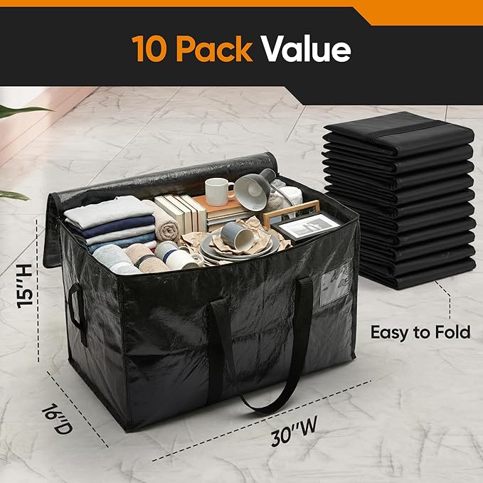 HOLDN’ STORAGE Extra Large Moving Storage Bag with Zipper Lid, Heavy Duty Reusable Tote for Clothes, Bedding, Books, Dorm & Home, Pack of 10 Large Bags