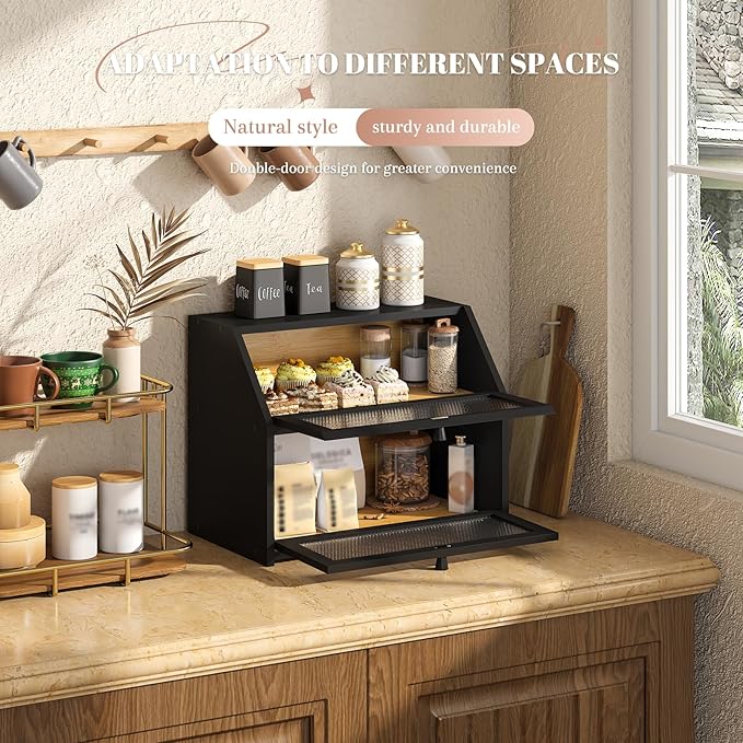 STDDRE Bread Box for Kitchen Countertop Bin Double Layer Bread Box Storage Container Extra Large Capacity Farmhouse with Diamond Pattern Windows (Black, Large)