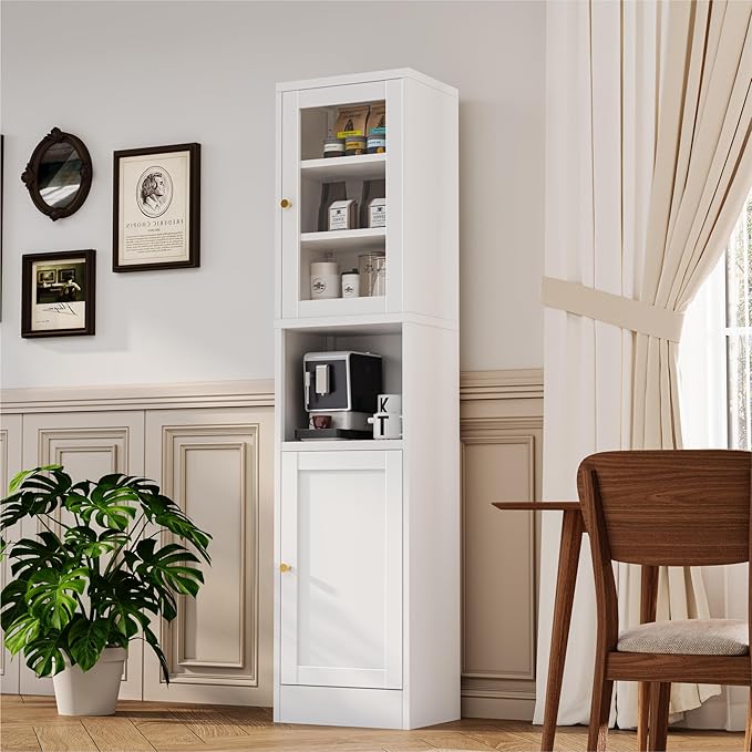 YAUWOH Metal Storage Cabinet with Glass Door, Tall Slim Pantry Organizer with 3 Adjustable Shelves (120LBS/Shelf), Anti-Tipping Waterproof Cabinet for Kitchen/Home Office/Small Spaces,(1PC,White)