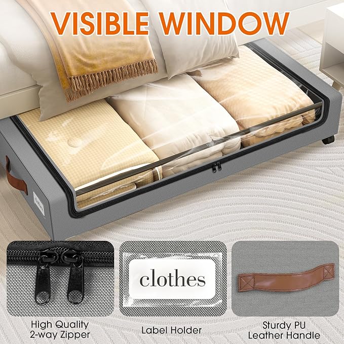 Under Bed Storage with Wheels 2Pack Underbed Storage with Clear Window&Label Under Bed Drawers Large Capacity Rolling Under Bed Storage for Clothes,Shoes, Blankets (Light Grey)