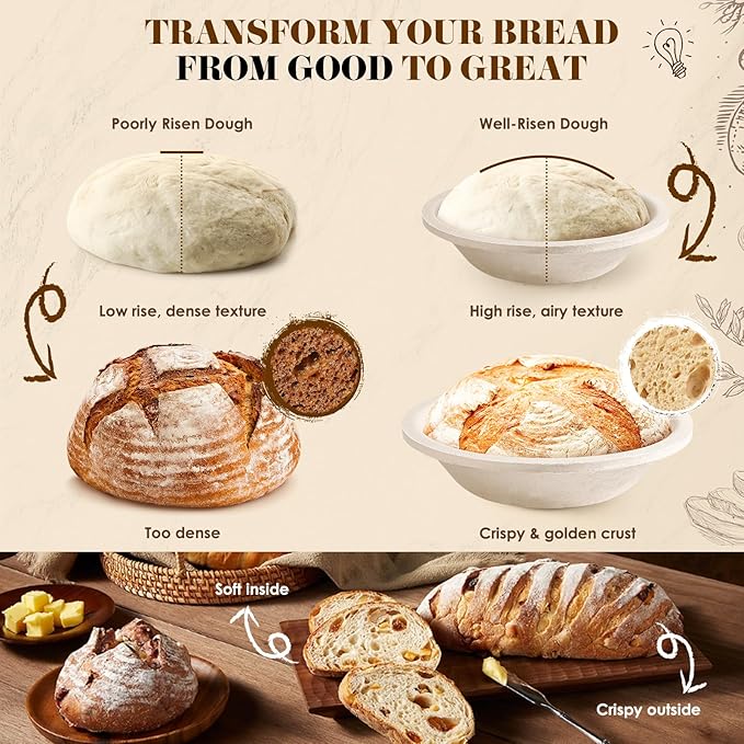 Sourdough Starter Kit with Aliquot Jar, Wood Pulp 9" Round & 10" Oval Bannetons & 34 oz Sourdough Starter Jar & Bread Sling Scrapers & Bag Complete Sourdough Baking Supplies