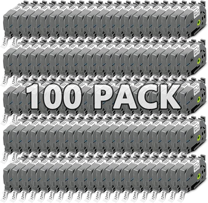 100x 12mm 0.47 Laminated White TZ Tape, Replace for Brother P Touch Label Tape Work with Brother Label Maker PTouch PTH210 PTD220 PTH110 PT-1280 PT-1880, Black on White, 1/2 Inch x 26.2 Feet