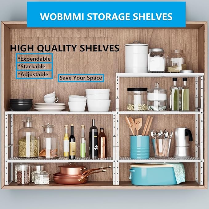 Wobmmi Expandable,Adjustable & Stackable Spice Rack, Cabinet Kitchen Countertop Shelf Organizer,Metal Pantry Storage Shelves - Space-Saving Storage Solution(2Packs/White/Medium)