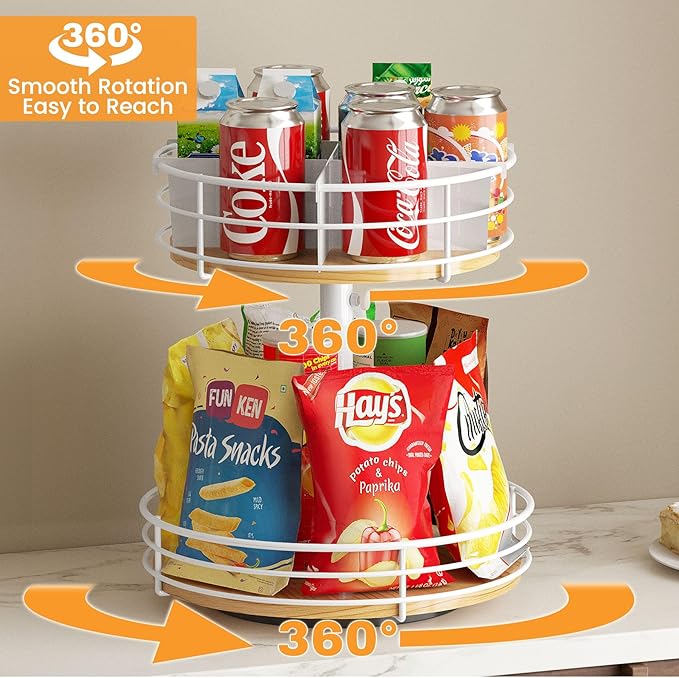 HISKIWUU Snack Organizer with Adjustable Height and 360°Rotation, 2 Tier Lazy Susan Snack Storage Holder for Countertop Office Home Breakroom, White