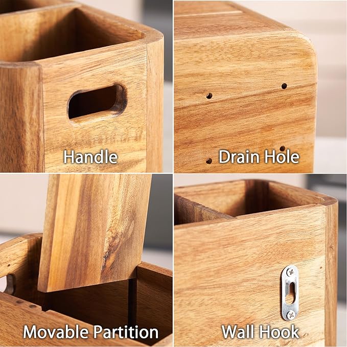 SANOSY 12" Wooden Kitchen Utensil Holder, Extra Large Acacia Wood Organizer for Cooking Tools, Utensils & Cutlery Storage – 3-Compartment Countertop Holder