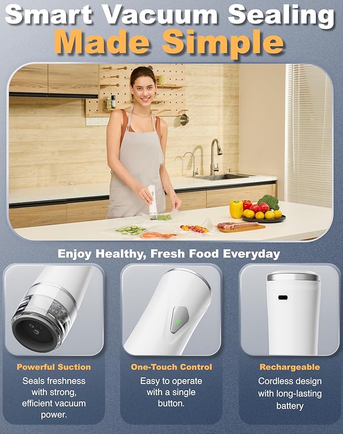 Vacuum Sealer for Food with Visible Water Tank, Powerful Handheld Compact Vacuum Sealer Machine with 40 Reusable Bags, Portable Food Sealer White